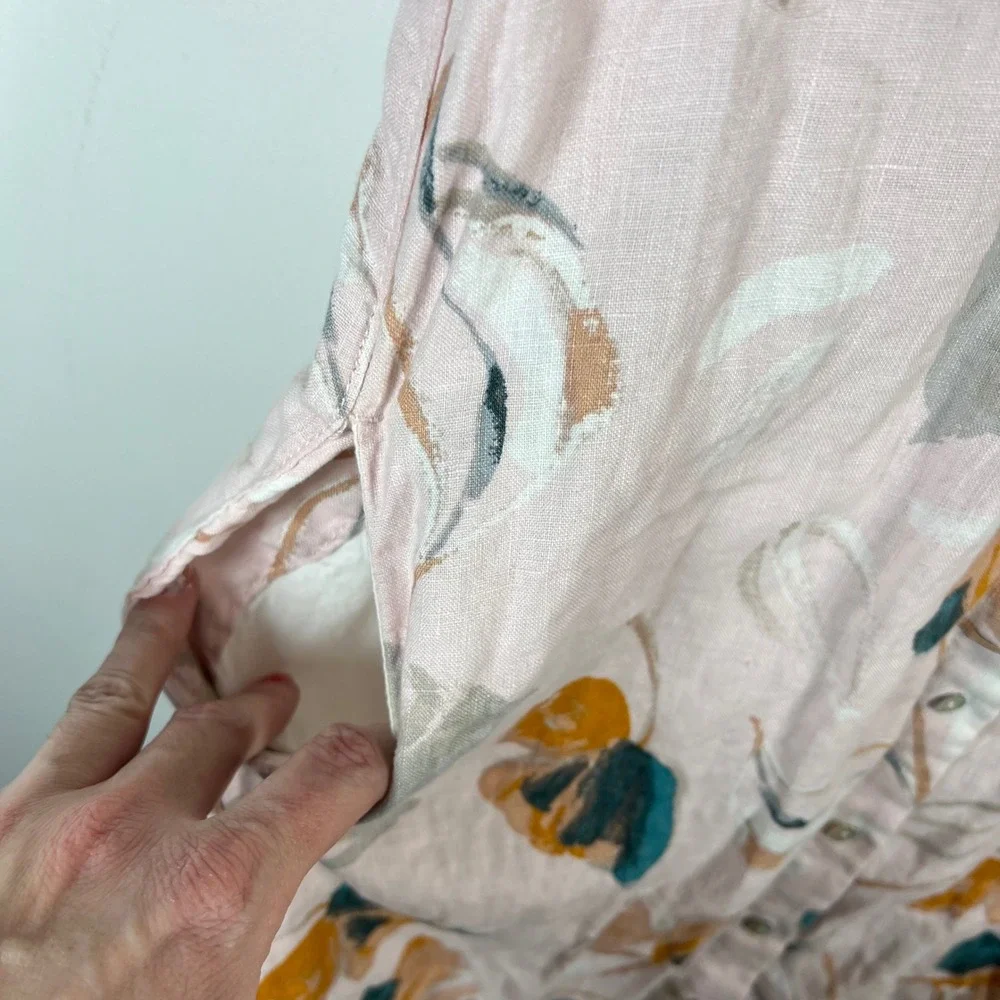 Rachel Zoe Linen Floral Shirt Dress Pink Mustard‎ Short Sleeve Button Front XS